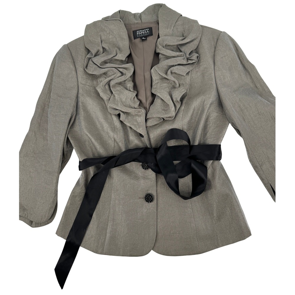 Adriana Papell Evening Essentials Size 6 Gray Ruffle Collar‎ Belted Jacket